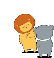 a lion and a bear are hugging each other in a cartoon