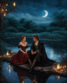 a painting of a man and a woman sitting on a rock near a body of water with a crescent moon in the background