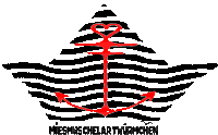 a black and white striped boat with a red anchor and the words miesmuschelartwurmchen