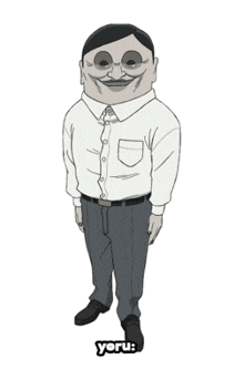 a drawing of a man in a white shirt and pants with the word yoru written below him