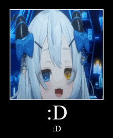 a picture of a white haired anime girl with horns and a bow on her head with the letter d below her