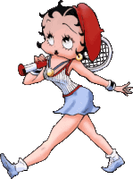 betty boop is holding a tennis racquet and wearing a red hat