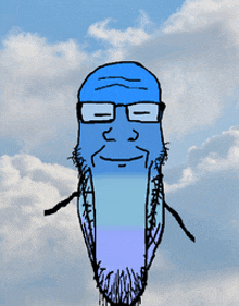 a drawing of a blue man with glasses and a long beard