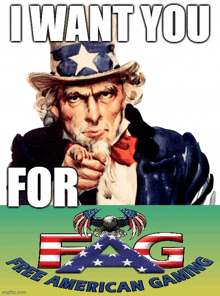 a poster of uncle sam pointing with the words " i want you for fag " on the bottom