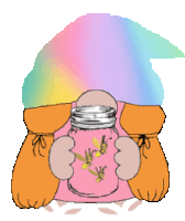 a gnome with a rainbow hat is holding a jar with butterflies on it