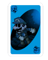 a blue playing card with a cartoon character on it