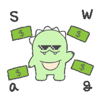 a cartoon of a dinosaur surrounded by dollar bills with the letters s a and w visible