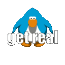 a blue penguin is standing in front of the word get real