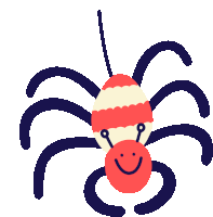 a red and white spider with a smiley face on its head