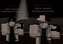 two cartoon characters are standing next to each other with the words veteran operative aegis research division behind them