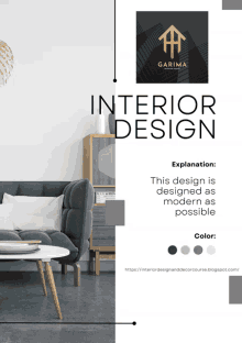 a poster for interior design shows a living room with a couch and a table