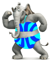 a cartoon elephant is wearing a blue bikini with the letter j on it