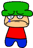 a cartoon character with a green hat and a red shirt is crying .