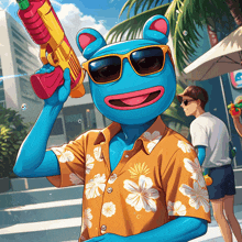 a blue frog wearing sunglasses and a hawaiian shirt is holding a water gun