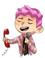 a cartoon of a man with pink hair holding a microphone and a phone