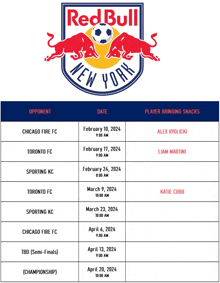 a schedule for red bull new york shows the opponents and the dates