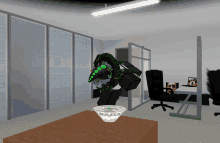 a computer generated image of an office with a bowl of soup on a table