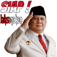 a man in a suit and tie salutes in front of a sign that says siap !