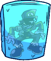 a cartoon character with the letter l on his hat is frozen in a cube of ice