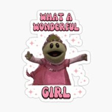 a sticker with a puppet in a pink dress that says what a wonderful girl