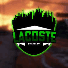 a logo for lacoste roleplay with a city skyline in the background