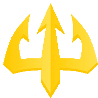 a yellow trident with three arrows pointing in opposite directions is on a white background