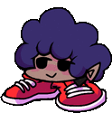 a cartoon character with a purple afro and a pair of red sneakers .