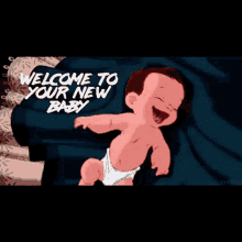 a baby in a diaper is laying on a bed with the words welcome to your new baby above it