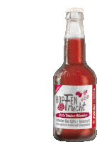 a bottle of hopfen frucht has a white label with red berries on it