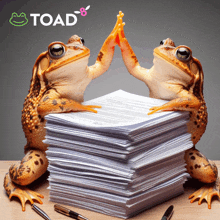 two frogs are giving each other a high five in front of a toad logo