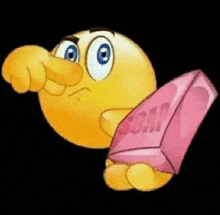 a smiley face is holding a pink block of soap .