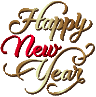 a happy new year greeting card with gold and red lettering