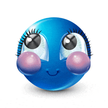 a blue smiley face with pink cheeks and eyelashes on a white background