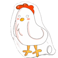 a drawing of a white chicken with orange feet and a red comb