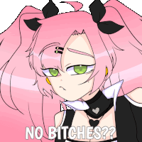 a drawing of a girl with pink hair and the words no bitches