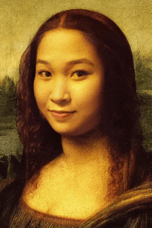 a close up of a woman 's face that looks like a mona lisa