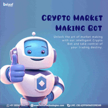 a cartoon robot giving a thumbs up with the words crypto market making bot below it