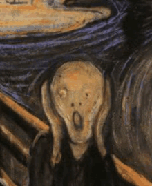 a close up of a painting of a person with their mouth open and a screaming face .