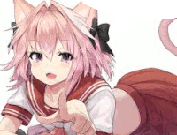 a girl with pink hair and cat ears is giving a thumbs up sign .