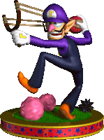 a cartoon character holding a slingshot with a letter l on his hat