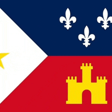 a red white and blue flag with a yellow castle and fleur de lis .