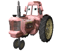 a pink chewall tractor with cartoon eyes on a white background