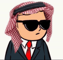 a cartoon character in a suit and tie wearing sunglasses and a keffiyeh .