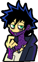 a cartoon drawing of a man with a purple scarf around his neck