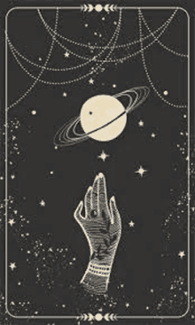 it is a tarot card with a hand reaching out towards the planet saturn .