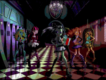 a group of monster high girls are dancing in a hallway