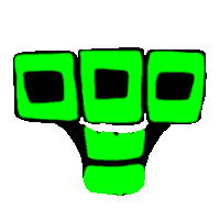 a cartoon drawing of three green squares with holes in them and a smile on a white background .