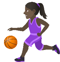 a girl in a purple basketball uniform is running with an orange ball