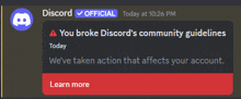 a screenshot of a discord message that says " you broke discord 's community guidelines today "