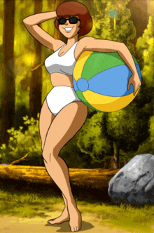 a cartoon character in a bikini holding a beach ball